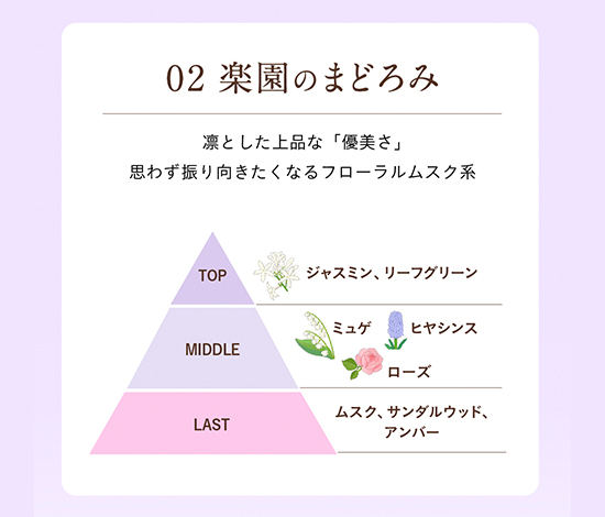 02 楽園のまどろみ 凛とした上品な「優美さ」思わず振り向きたくなるフローラルムスク系
